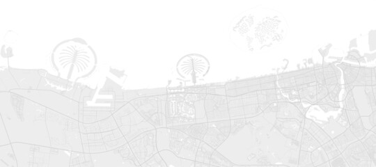 White and light grey Dubai City area vector background map, streets and water cartography illustration.