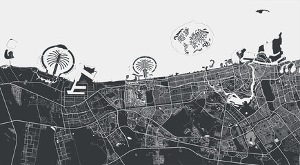 Dubai vector map. Detailed black map of Dubai city poster with streets. Cityscape urban vector.