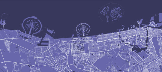 Detailed vector map poster of Dubai city, linear print map. Pantone purple skyline urban panorama.