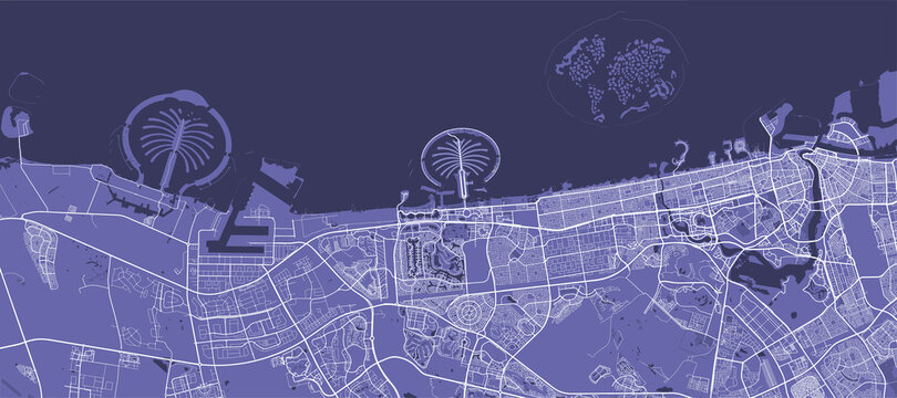 Detailed vector map poster of Dubai city, linear print map. Pantone purple skyline urban panorama.