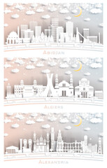 Algiers Algeria, Alexandria Egypt and Abidjan Ivory Coast City Skyline Set.