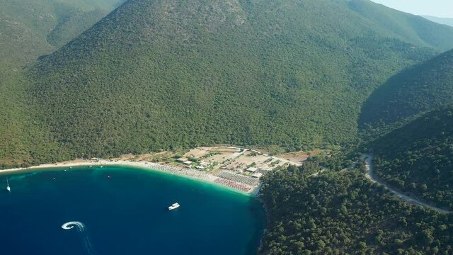 High flying view Beautiful Antisamos beach surrounded by vegetation, Kefalonia Island