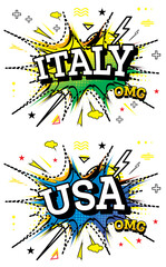 USA and Italy Comic Text Set in Pop Art Style.