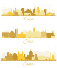 Siena Tuscany, Como and Milan Italy City Skyline Silhouette Set. - obrazy, fototapety, plakaty