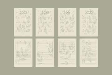 2022 2023 2024 2025 calendar and planners collection with hand drawn leafs and branchs, planner organizer template in green natural eco style