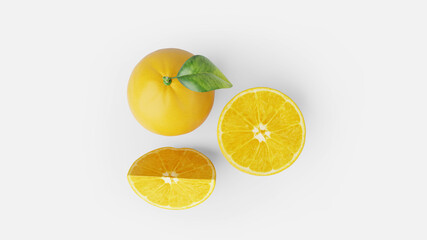 Orange fruits and slices with leaf