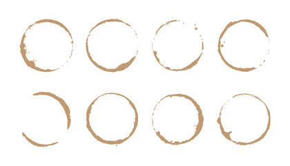 Coffee stain ring set. Vector illustration. Drink stain stamp with round shape and splash element. Coffee cup bottom circle effect.
