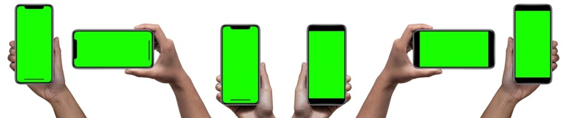 Smartphone similar to iphone 12 with green screen for Infographic Global Business Marketing Plan, mockup model similar to iPhone isolated Background of ai digital investment economy - Clipping Path