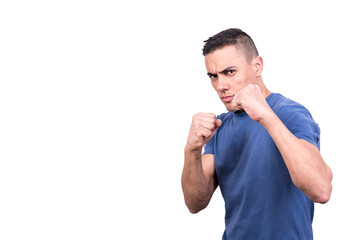 Man in casual clothes in boxing guard