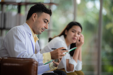 doctor and patient at hospital or clinic, medical mental health care therapy problem concept