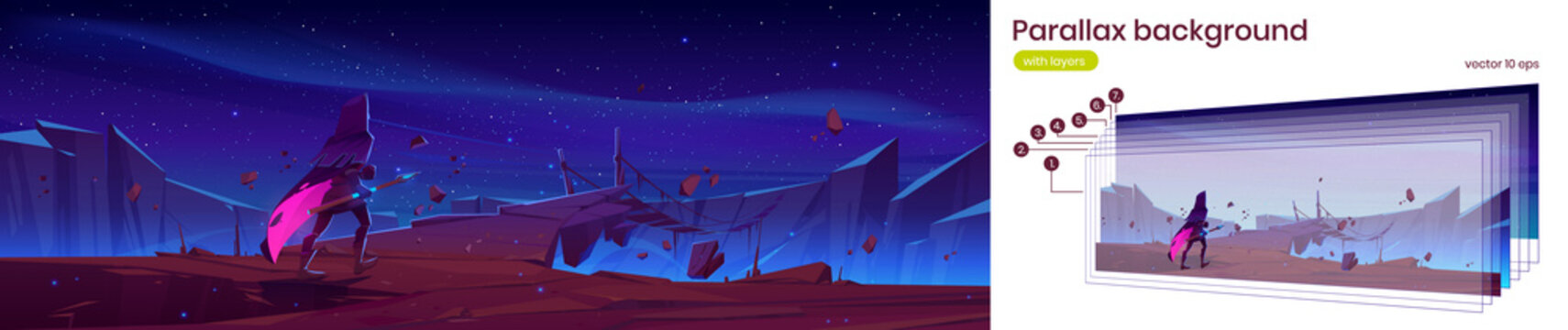 Knight with magic spear walk to hanging rope bridge over abyss in mountains. Vector parallax background for 2d game animation with cartoon fantasy illustration with wizard on cliff at night