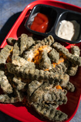 moldy french fries closeup, fungal moldy on unhealthy old food on plate, bad food