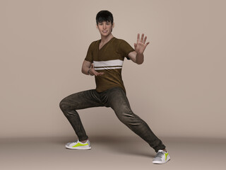Fototapeta na wymiar 3D Render : Portrait of a smiling young handsome asian man in brown T-shirt and jeans , posting as kung fu martial arts