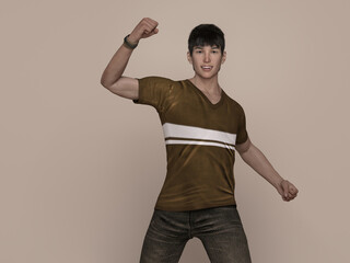 3D Render : Portrait of a smiling young handsome asian man in brown T-shirt and jeans 