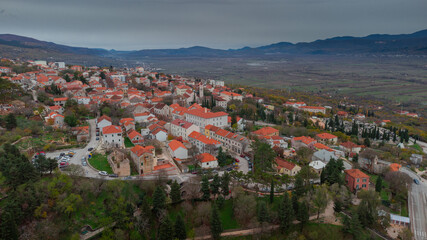 Aerial drone of Imotski, a small city in the dalmatian part of Croatia on a cold december day.