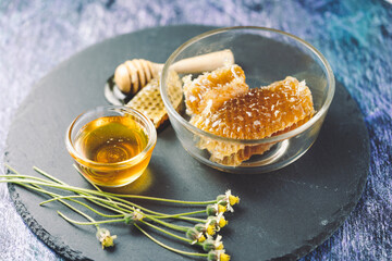 Sweet Honeycomb in wooden plate on wooden background, Natural honey with honeycomb
