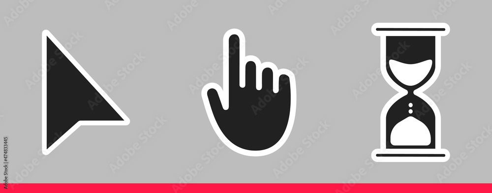 Fototapete white hourglass loading clock, pointer hand and arrow mouse cursors icon sign graphic element flat s