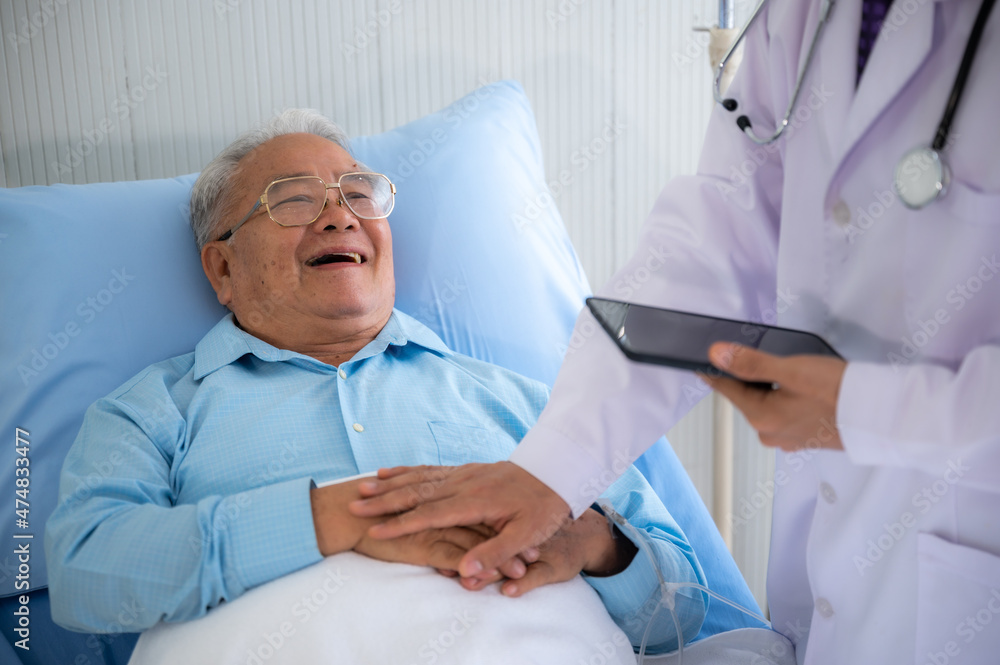 Wall mural old senior patient man visit doctor at hospital to medical health care check, health insurance