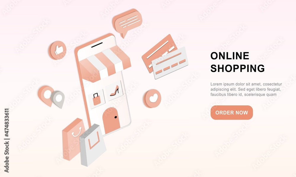 Poster 3d realistic online shopping on landing web page or mobile application concept of vector digital mar