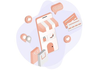 3D realistic online shopping on website or mobile application concept of vector marketing and digital marketing. Isometric paper art for digital store promotion, online payment, delivery, sale, ads.	