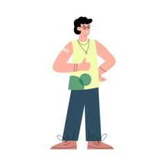 Man got vaccinated and stand full body with band aid patch on his shoulder and his thumb up cartoon flat vector poster.