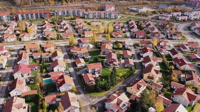 Finnish houses building aerial video on a spring day Kerava Finland