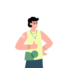 Vaccinated man cartoon character flat vector illustration isolated on white.