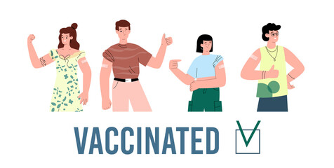 Vaccinated happy people group flat cartoon vector illustration isolated on white.