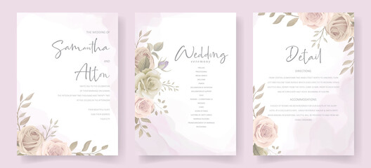 Wedding invitation template set with floral and leaves decoration