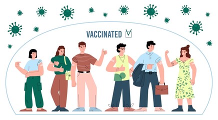 Vaccinated against Covid-19 people on website page, flat vector illustration.