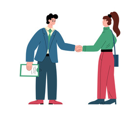 Fototapeta premium Business partners shake hands in meeting in flat vector illustration isolated