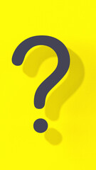 Question mark with shadow on yellow background. Technical support. Answers to questions. Vertical image. 3d image. 3D rendering.
