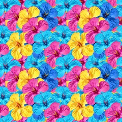 Hibiscus. Illustration, texture of flowers. Seamless pattern for continuous replication. Floral background, photo collage for textile, cotton fabric. For wallpaper, covers, print.
