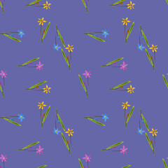 Scilla, bluebell, primroses. Illustration, texture of flowers. Seamless pattern for continuous replication. Floral background, photo collage for textile, cotton fabric. For wallpaper, covers, print.