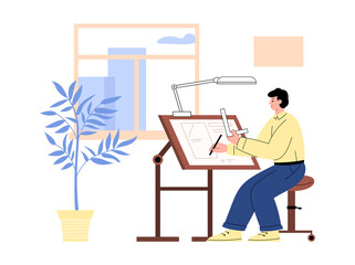 Architect man in the office draws blueprint for building project, flat vector illustration.