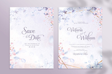 Double Sided Wedding Invitation Template with Blue Flower