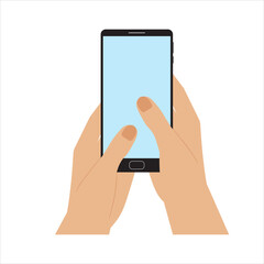 Hands holding smartphone, flat style, catroon.Mobile device with blank screen.Flat style,minimalist design.Space for your picture or text.Template, mock-up.Isolated.Vector illustration