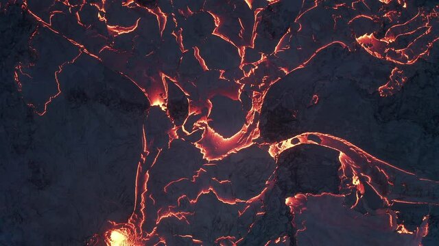 Bright red lava flowing from Geldingadalur volcano during the eruption -Top view