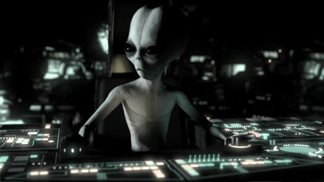 3D CGI VFX animation of a classic Roswell style grey alien sitting at the controls of his UFO spaceship, interior of his craft full of hi tech equipment and flashing lights, in sepia color scheme
