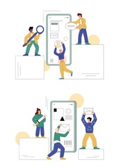 Fototapeta premium UI UX designers create interface wireframe, flat vector illustration isolated.