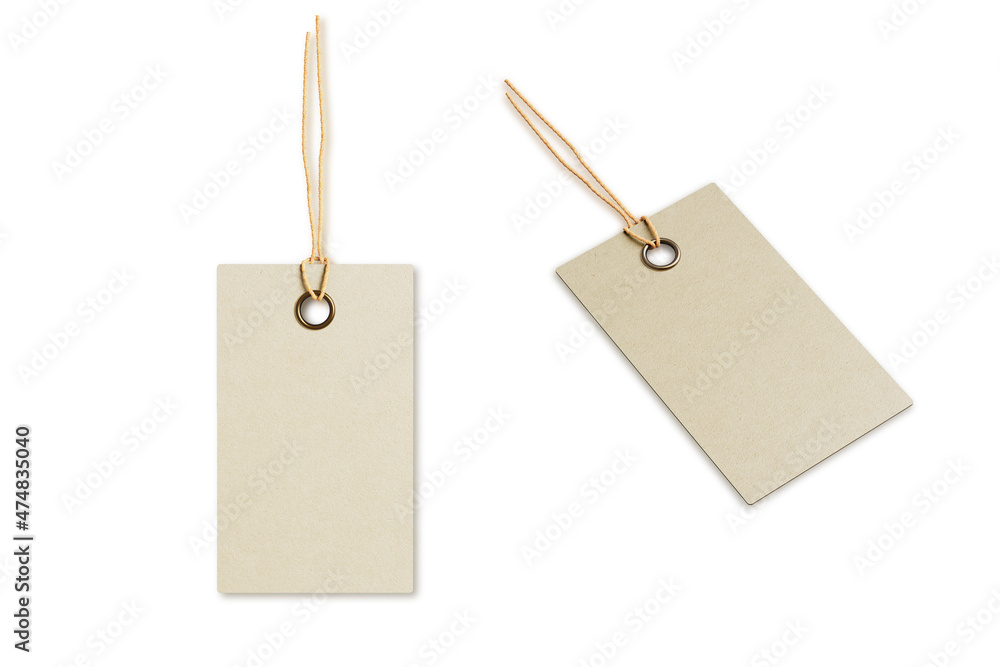 Poster blank kraft paper tag tied for hang on product for show price or discount isolate on white backgroun