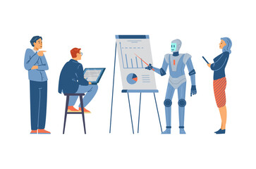 Robot makes presentation with flipchart at work meeting, flat vector illustration isolated on white background.