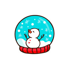 Snowglobe with cartoon snowman for christmas disign.Snowman with christmas ball.