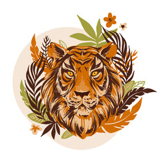 Tiger head vector illustration with exotic tropical florals, leafs, plants and geometric shapes. Neon jungle concept, modern clipart.