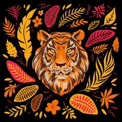 Tiger head vector illustration with exotic tropical florals, leafs and plants. Modern jungle clipart. Chinese New Year concept,set of design elements.