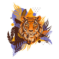 Tiger head vector illustration with exotic tropical florals, leafs, plants and geometric shapes. Neon jungle concept, modern clipart.
