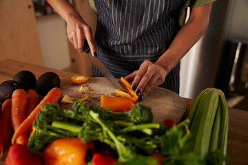 African American female cooking in kitchen chopping fresh vegetables 