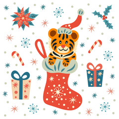 Tiger cub in a Christmas sock. The symbol of the New Year. Cute striped character. Wild animal.