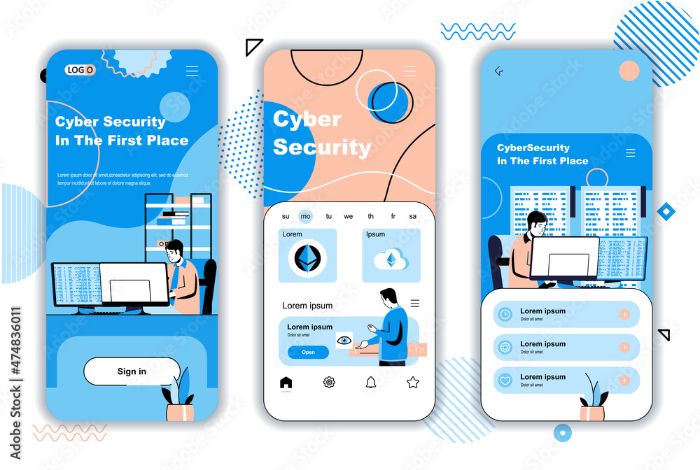 Poster cyber security concept onboarding screens for mobile app templates. personal data protection system 