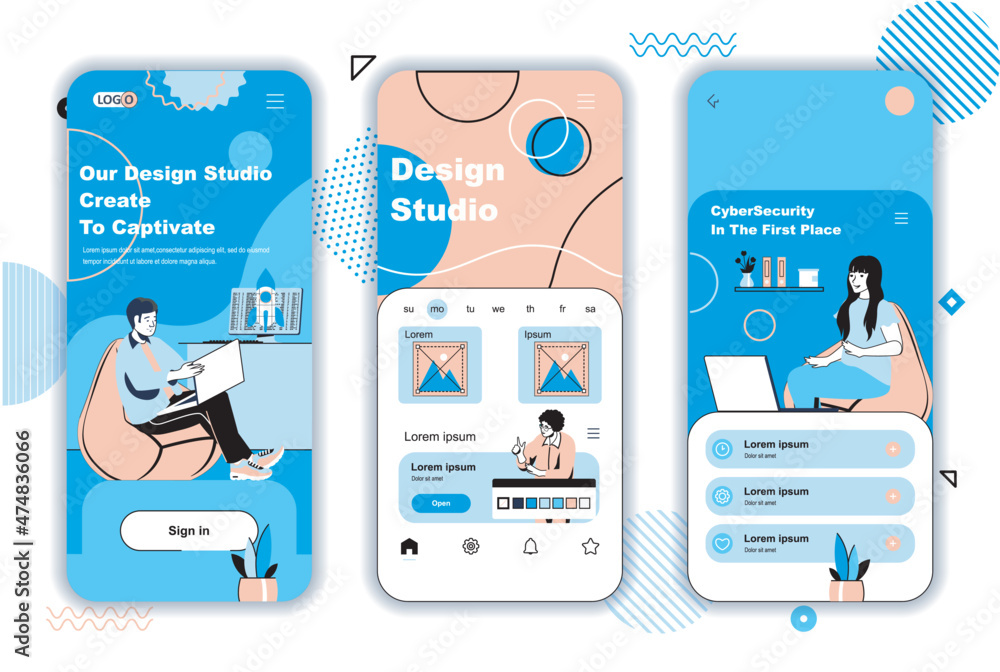 Fototapete Design studio concept onboarding screens for mobile app templates. Designers team drawing and working in studio. UI, UX, GUI user interface kit with people scenes for web design. Vector illustration